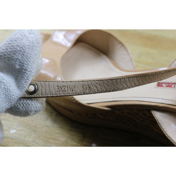 Prada Sandals 39.5 Brown Patent Leather Nude Vernice Wedge Buckle Shoes Italy - Picture 7 of 16
